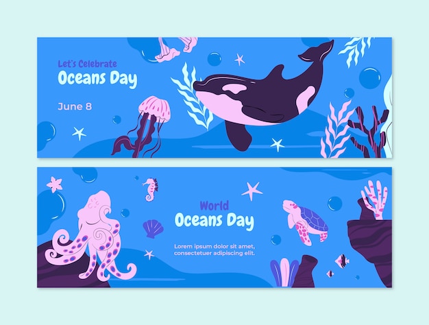 Free vector flat horizontal banner template for world oceans day celebration