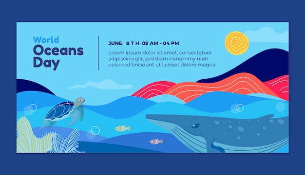 Flat horizontal banner template for world oceans day with aquatic creatures