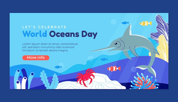 Flat horizontal banner template for world oceans day with aquatic creatures