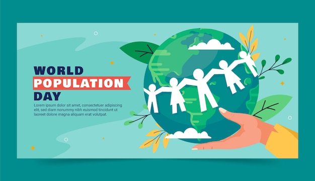 Vettore gratuito modello di banner orizzontale piatto per la consapevolezza della giornata mondiale della popolazione