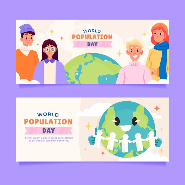 Flat horizontal banner template for world population day awareness