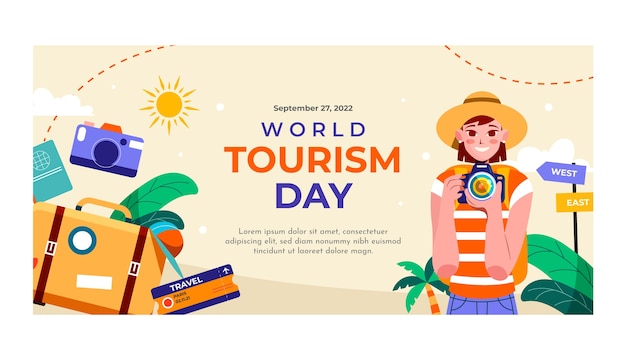 세계 관광의 날 축하를 위한 평면 가로 배너 템플릿