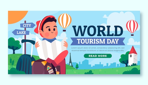 세계 관광의 날 축하를 위한 평면 가로 배너 템플릿