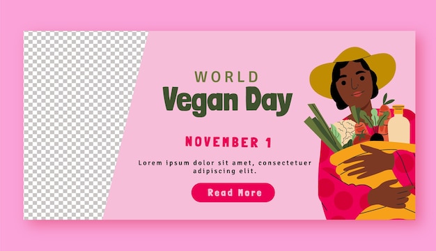 Modello di banner orizzontale piatto per la celebrazione della giornata mondiale vegana