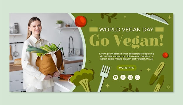 Modello di banner orizzontale piatto per l'evento della giornata mondiale vegana