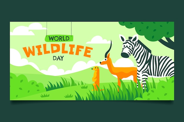Vettore gratuito modello di banner orizzontale piatto per la giornata mondiale della fauna selvatica con animali