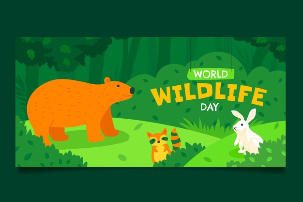 Flat horizontal banner template for world wildlife day with animals