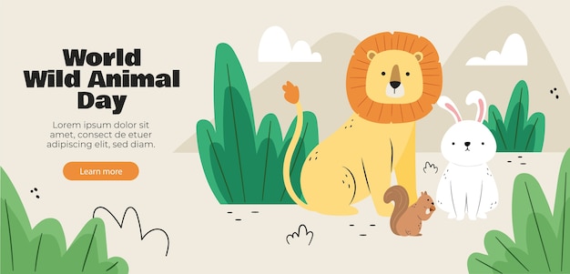 Free vector flat horizontal banner template for world wildlife day with flora and fauna