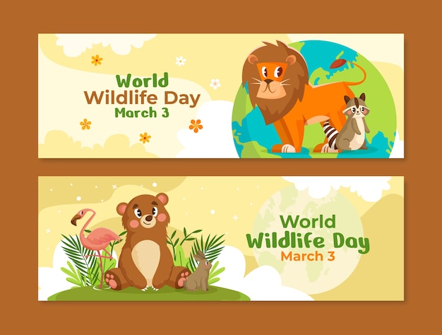 Free vector flat horizontal banner template for world wildlife day with flora and fauna