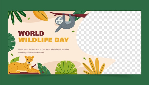 Vettore gratuito modello di banner orizzontale piatto per la giornata mondiale della fauna selvatica.