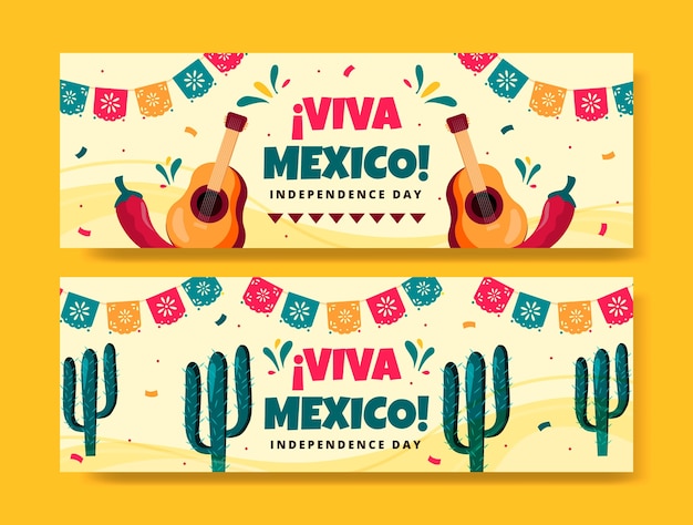 Free vector flat horizontal banners collection for mexico independence celebration