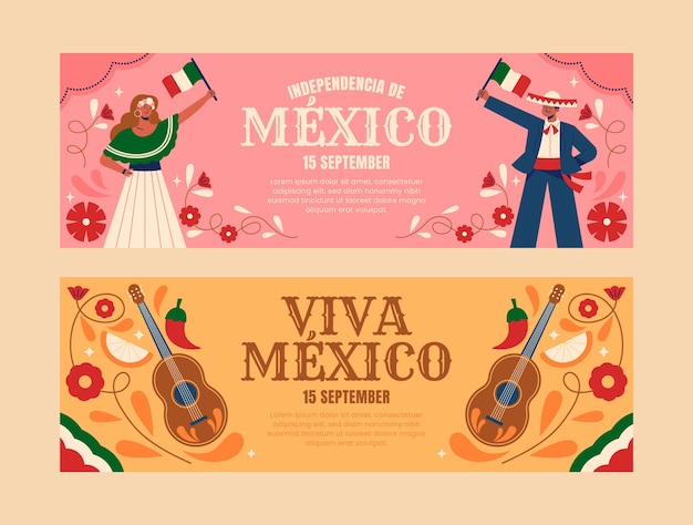 Free vector flat horizontal banners collection for mexico independence celebration