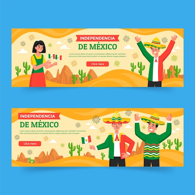 Free vector flat horizontal banners collection for mexico independence celebration