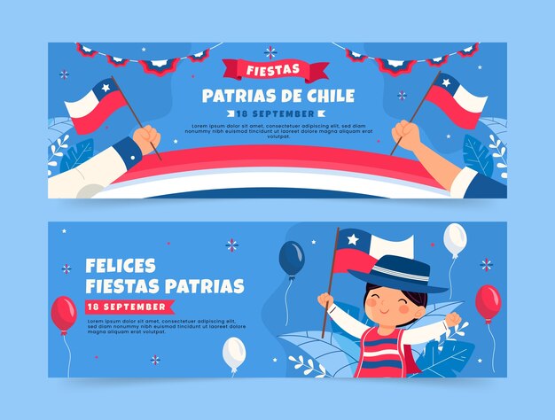 Flat horizontal banners set for fiestas patrias chile
