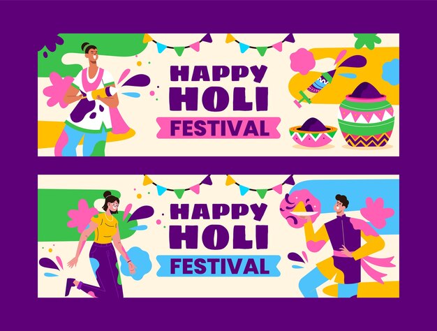 Бесплатное векторное изображение Плоские горизонтальные баннеры для празднования фестиваля холи