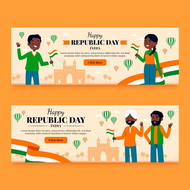 Flat horizontal banners set for india republic day celebration