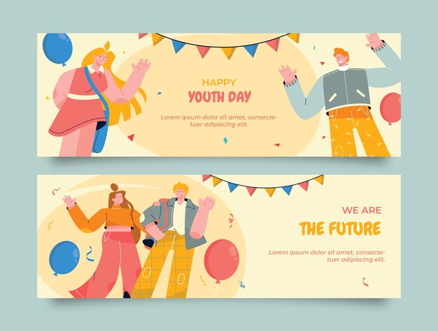 Free vector flat horizontal banners set for international youth day celebration