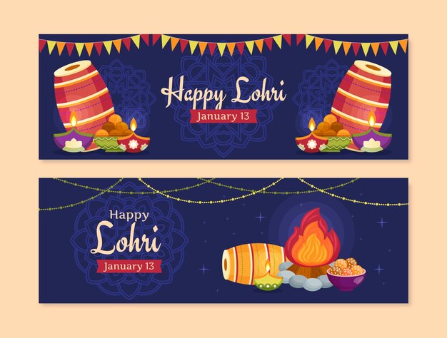 Free vector flat horizontal banners set for lohri festival