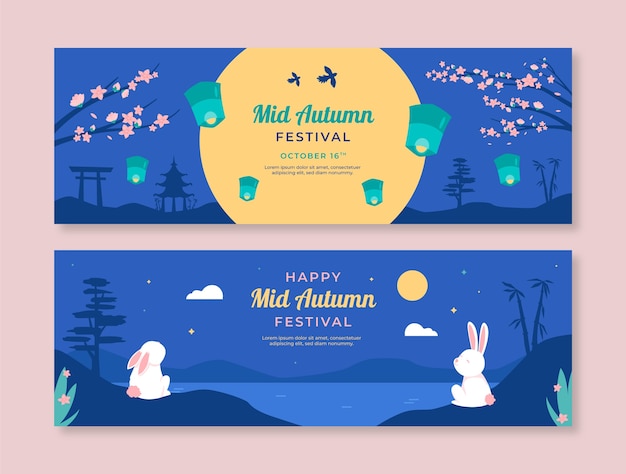 Flat horizontal banners set for mid-autumn festival celebration