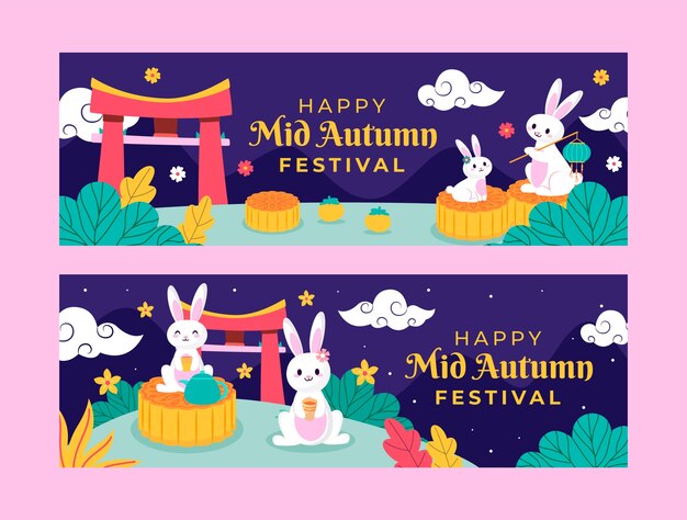 Flat horizontal banners set for mid-autumn festival celebration