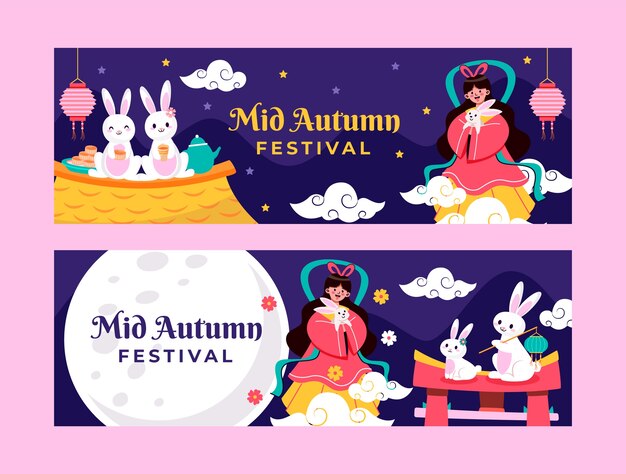 Flat horizontal banners set for mid-autumn festival celebration