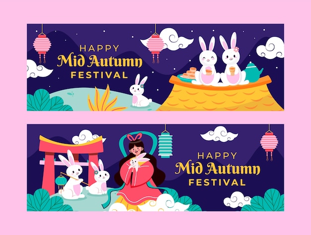 Flat horizontal banners set for mid-autumn festival celebration