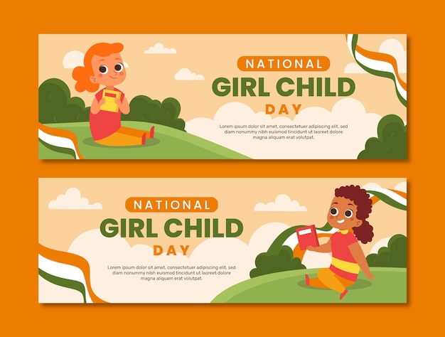 Flat horizontal banners set for national girl child day celebration