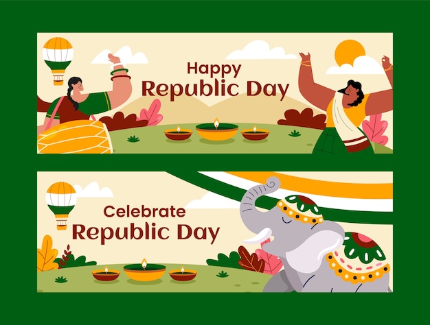 Free vector flat horizontal banners set for republic day celebration