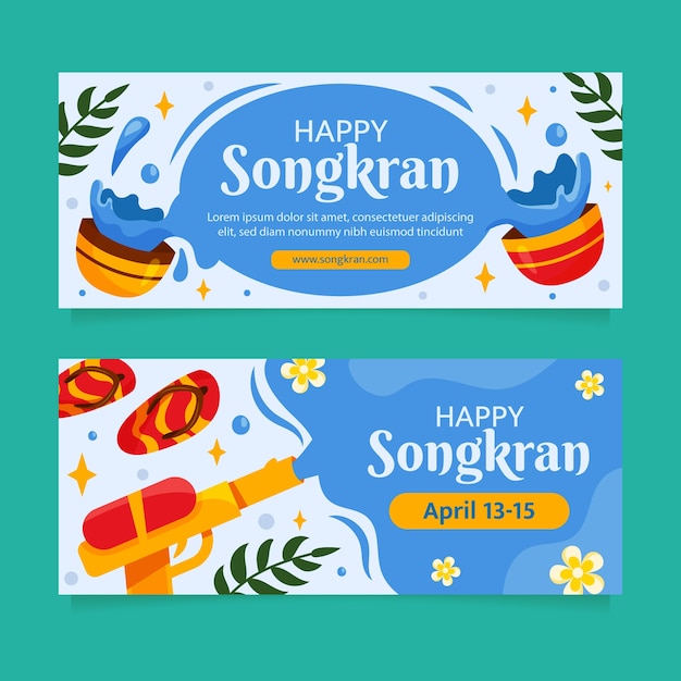 Free vector flat horizontal banners set for songkran water festival celebration