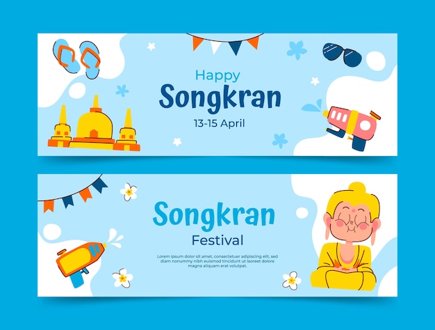 Free vector flat horizontal banners set for songkran water festival