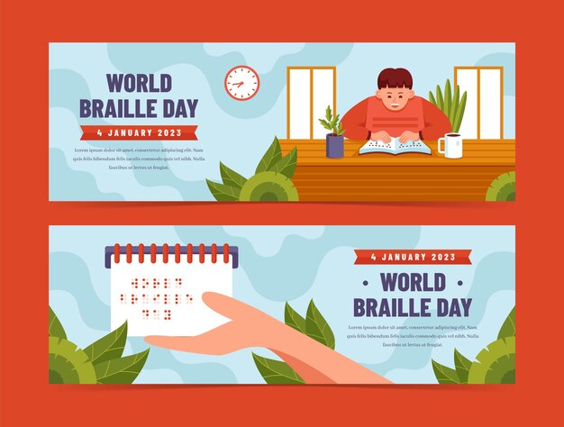 Flat horizontal banners set for world braille day celebration