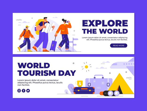 Flat horizontal banners set for world tourism day celebration