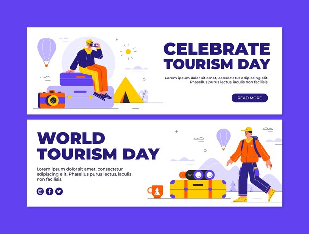 Flat horizontal banners set for world tourism day celebration