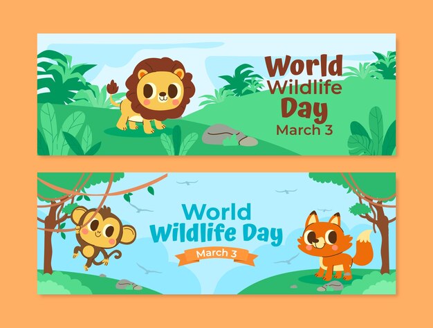動物との世界野生生物の日のために設定された平らな水平バナー