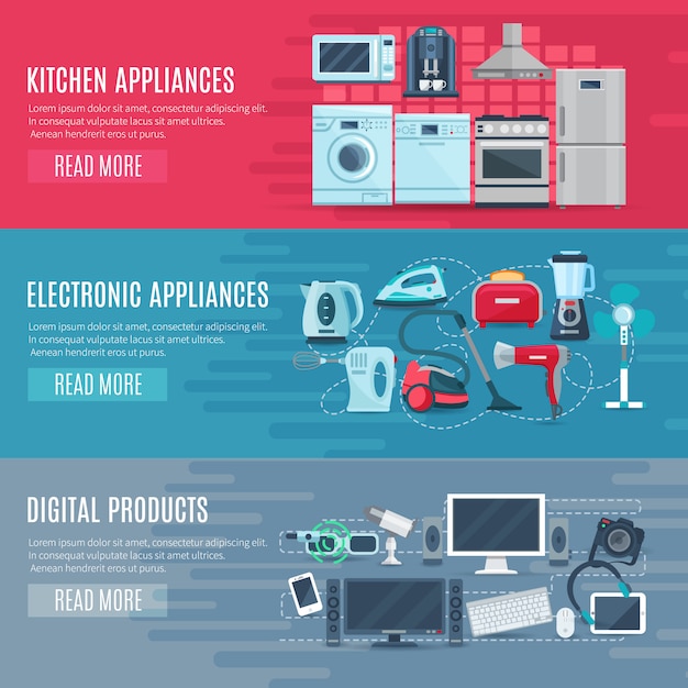 Free vector flat horizontal household banners set of kitchen equipment electronic appliances and digital product