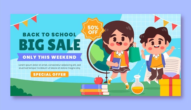 Free vector flat horizontal sale banner template for back to school season