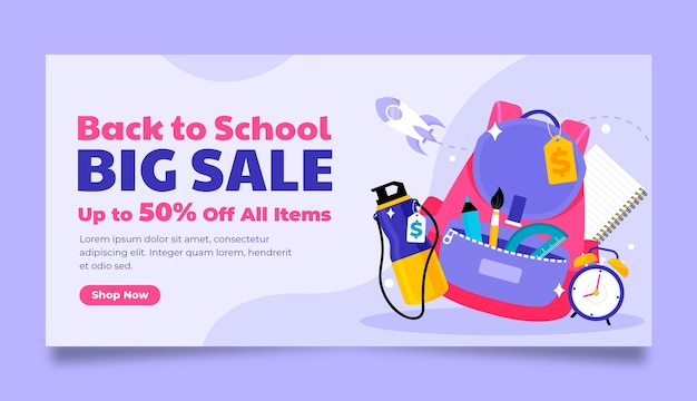 Flat horizontal sale banner template for back to school season