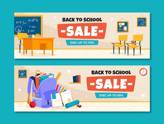 Free vector flat horizontal sale banner template for back to school season