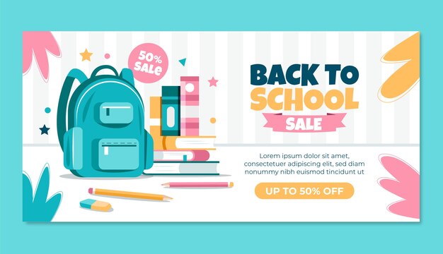 Flat horizontal sale banner template for back to school season