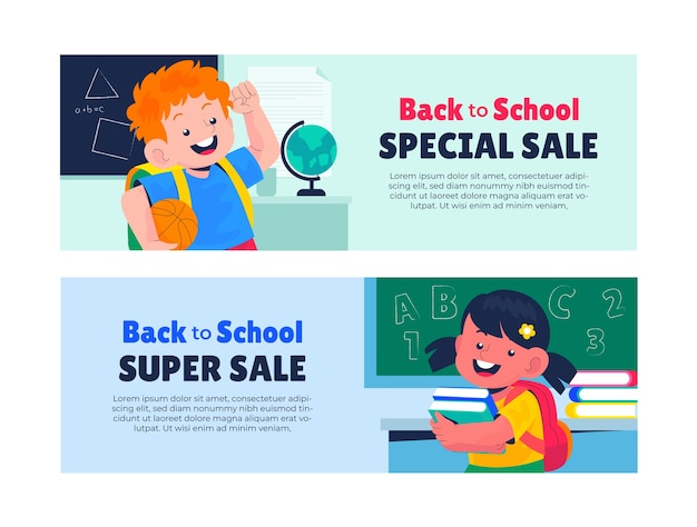 Flat horizontal sale banner template for back to school season