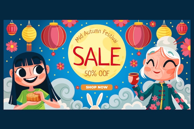 Free vector flat horizontal sale banner template for chinese mid-autumn festival celebration