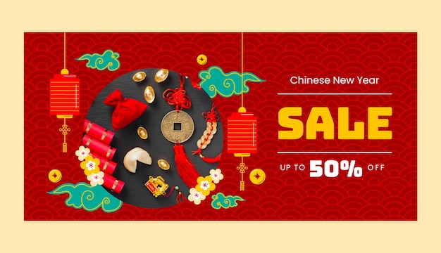 Free vector flat horizontal sale banner template for chinese new year festival