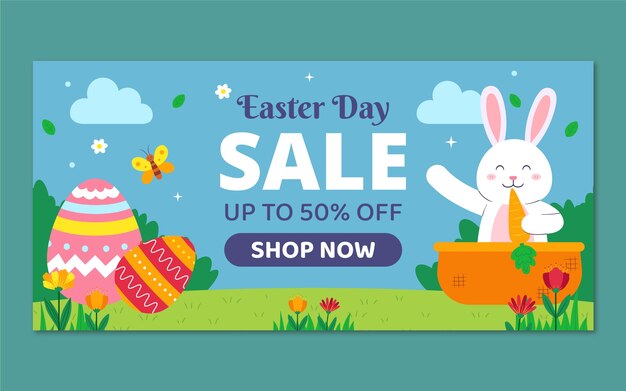 Flat horizontal sale banner template for easter celebration