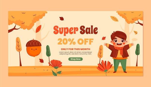 Flat horizontal sale banner template for fall season celebration