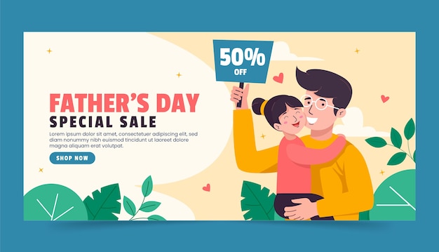 Flat horizontal sale banner template for father's day celebration