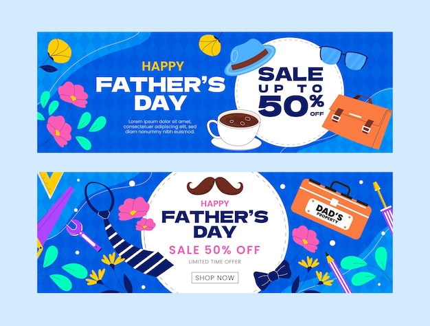 Flat horizontal sale banner template for father's day celebration