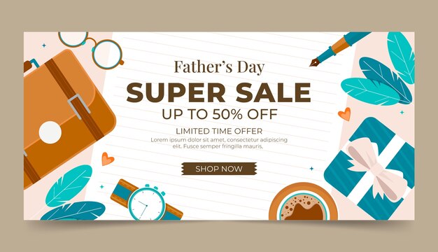 Flat horizontal sale banner template for fathers day celebration