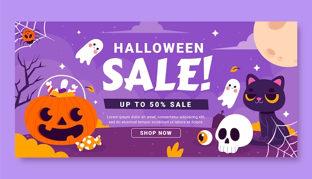 無料ベクター ハロウィーン シーズンのフラット水平販売バナー テンプレート