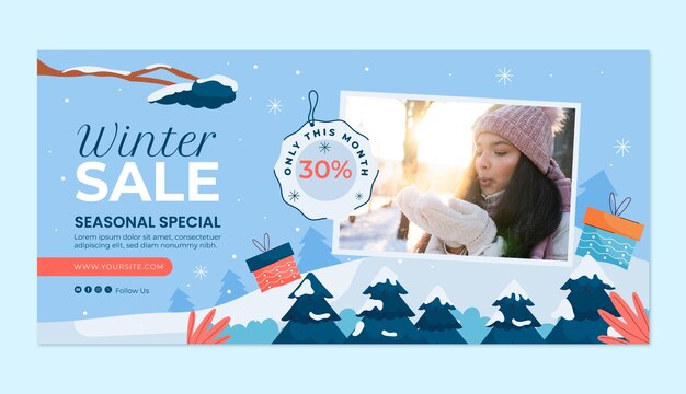Бесплатное векторное изображение Шаблон плоского горизонтального баннера продажи для зимнего сезона