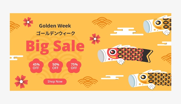 Flat horizontal sale banner template for golden week celebration